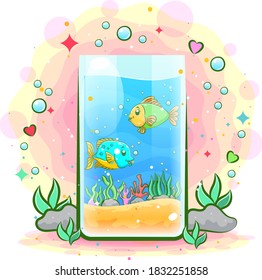 A tube of aquarium has two fish and many sand of illustration