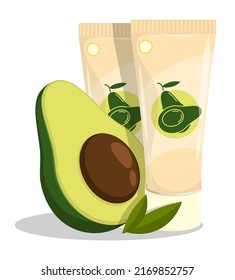 Tubo de crema de aceite aguacate. Cosméticos naturales para la cara y las manos. Vector de caricatura aislado en fondo blanco