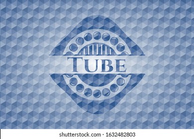 Tube blue emblem or badge with geometric pattern background. Vector Illustration. Detailed.