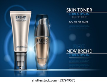 Tube and bottle of tone cream for the skin. Design of makeup on a blue background. Vector illustration