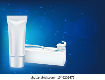 Tube and box for design, on a blue background, toothbrush and toothpaste for advertising, vector mockup.