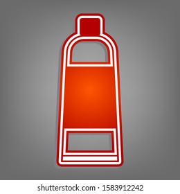 Tube container sign. Flat red icon with linear white icon with gray shadow at grayish background. Illustration.