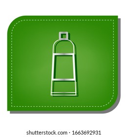 Tube-Containerzeichen. Silber Farbverlauf-Symbol mit dunkelgrünem Schatten auf ökologisch gepflastertem grünem Blatt. Illustration.