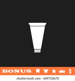 Tube, container, toothpaste, cream icon flat. White pictogram on black background. Vector illustration symbol and bonus button tooth, vase, star, mirror, bottle