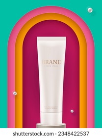Tube of cosmetic product ads banner. Multi color layered paper background. Template for presentation and branding. Vector 3D illustration