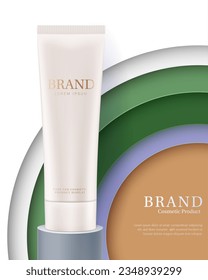 Tube of cosmetic product ads banner. Layered paper background. Paper cut style. Template for product branding. Vector 3D illustration