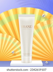 Tube with cosmetic product. Cream tube on white podium.