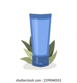 Tube cosmetics on plant background. Concept of tools beauty and skin care, shampoo, cream, balm, eco, cleanser. Vector flat illustration.