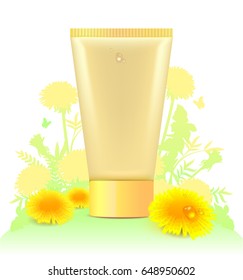Tube for cosmetics template. Yellow dandelion flower. Vector illustration