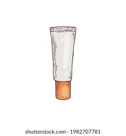 Tube with cream for face or hands. Product for facial care, tone cream for makeup, cosmetic for beauty skin. Vector sketch illustration isolated on white background.