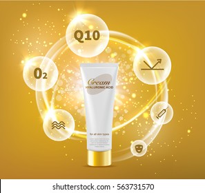 Tube cream with hyaluronic acid. Wave glowing glitter effect with bubbles vector infographics