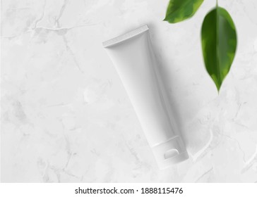 Tube cream mockup on marble table texture vector realistic illustration, above. Blank white pack of cosmetic product