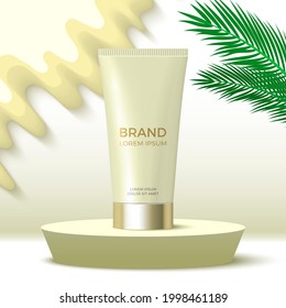 Tube of cream on round podium. Cosmetic products display platform with palm leaves. 3d render pedestal. Vector illustration.
