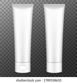 Tube of cream, packaging. Plastic cosmetic tube for cream, gel or toothpaste mockup. Vector illustration.