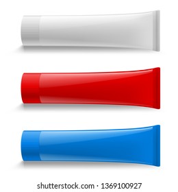 Tube Cream Set Illustration. Mock Up. Cosmetic, Cream, Tooth Paste, Glue White Plastic Tubes Set Packaging Realistic Illustration. Isolated