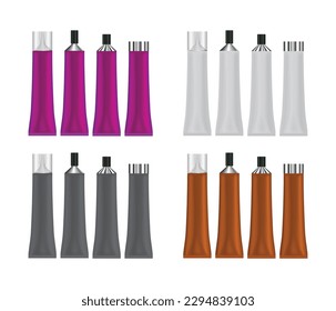 Tube Cream Set Vector. Mockup. Cosmetic, Cream, Tooth Paste, Glue Purple White Gray and Brown Plastic Tubes Open And Closed Set Packaging Realistic - Vector Illustration.