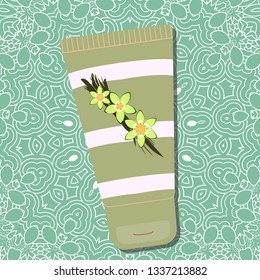 The tube of cream with vanilla. Packing with stripes of olive green background with pattern. Face cream, hand cream, sunscreen, lotion, etc. - Vector. Vector illustration