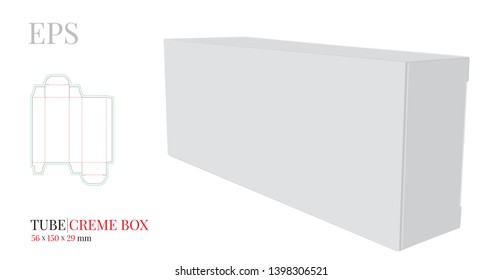 Tube creme Box Template, Vector with die cut / laser cut layers. White, clear, blank, isolated Tube Creme Box mock up on white background, perspective view. Toothpaste box, Packaging Design