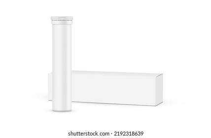 Tube for Effervescent Tablets or Vitamins With Long Packaging Box, Isolated on White Background. Vector Illustration