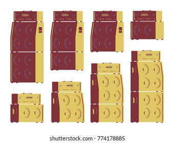 Tube Guitar Amplifier and Cabinet Stacks Set. Left and Right View of Guitar Equipment. Flat Illustration with Hight Contrast Lighting.