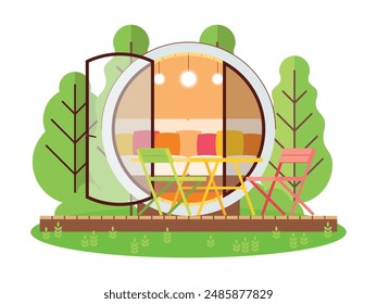 A tube house with a glass facade and furniture inside. Glamping capsule, camping house with a sofa within and folding furniture on the podium. Portable modular cozy tiny house for outdoor recreation.