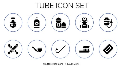 tube icon set. 10 filled tube icons.  Simple modern icons about  - Science, Liquorice, Sun cream, Pipe, Deodorant, Snorkel, Plumber, Toothbrush, Dropper, Soap
