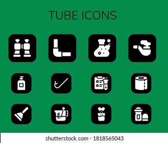 tube icon set. 12 filled tube icons.  Simple modern icons such as: Binoculars, Soap, Plunger, Pipeline, Snorkel, Beaker, Flask, Science, Effervescent, Pipe, Toilet paper, Deodorant