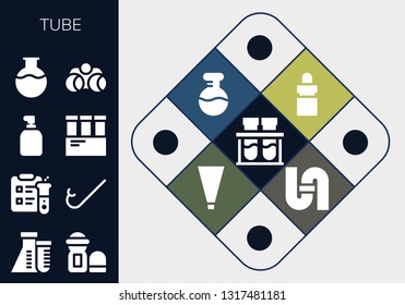 tube icon set. 13 filled tube icons.  Simple modern icons about  - Chemical, Flask, Deodorant, Science, Snorkel, Soap, Test tube, Binoculars, Eye dropper, Piping bag, Pipe