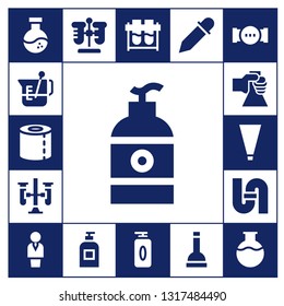 tube icon set. 17 filled tube icons.  Simple modern icons about  - Flask, Beaker, Toilet paper, Soap, Test tubes, Piping bag, Pipe, Chemist, Test tube, Gel, Eyedropper, Plunger