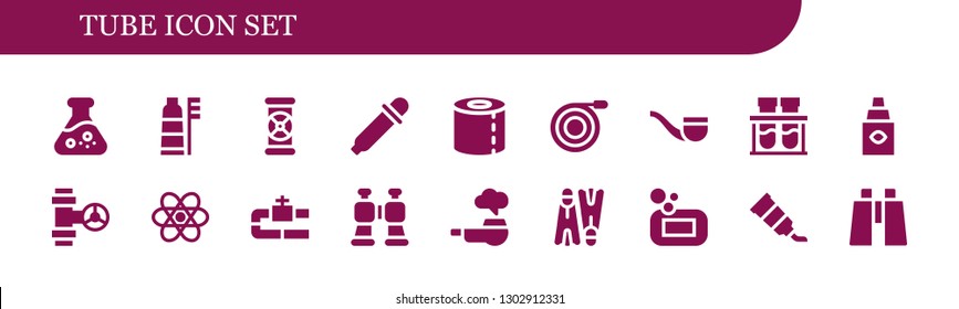  tube icon set. 18 filled tube icons.  Simple modern icons about  - Flask, Toothbrush, Pipes, Eye dropper, Toilet paper, Hose, Pipe, Chemical, Chemistry, Binoculars, Flippers