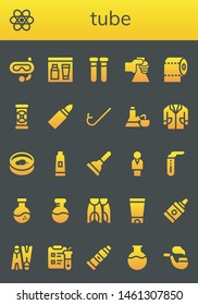 tube icon set. 26 filled tube icons.  Collection Of - Snorkel, Chemistry, Gel, Test tubes, Flask, Toilet paper, Pipes, Lipstick, Lab coat, Petri dish, Toothpaste, Plunger, Chemist