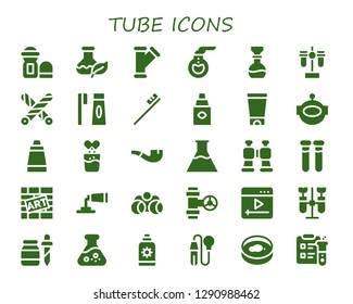  tube icon set. 30 filled tube icons. Simple modern icons about  - Deodorant, Flask, Pipe, Florence flask, Test tube, Liquorice, Toothbrush, Eye dropper, Gel, Aqualung, Ointment