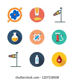 tube icon set. vector set about flask, blood, air pump and wind sign icons set.