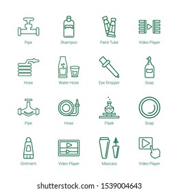 tube icons. Editable 16 tube icons. Included icons such as Pipe, Shampoo, Paint tube, Video player, Hose, Water hose, Eye dropper, Soap, Flask, Ointment. trendy icons for web.