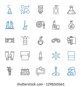 tube icons set. Collection of tube with flask, pipette, soap, test tube, plumber, toilet paper, science, lipstick, binoculars, hairspray, pipe. Editable and scalable icons.