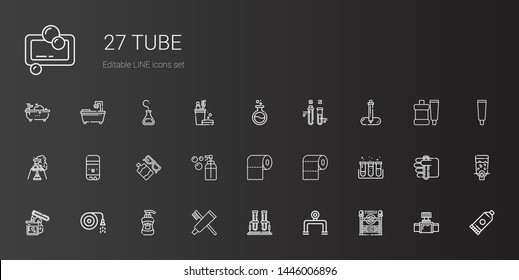 tube icons set. Collection of tube with subway entrance, pipeline, test tube, toothpaste, shampoo, hose, toilet paper, soap, sun lotion, glue stick. Editable and scalable icons.