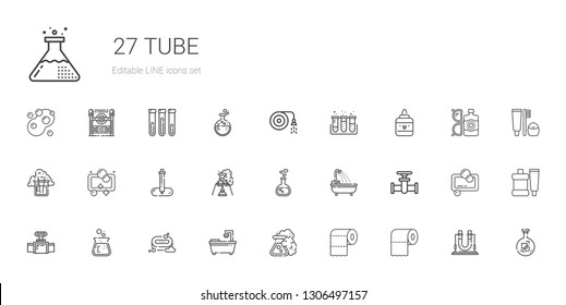 tube icons set. Collection of tube with toilet paper, flask, bathtub, soap, valve, pipe, love potion, pipette, glue, test tube, hose, toothpaste. Editable and scalable icons.