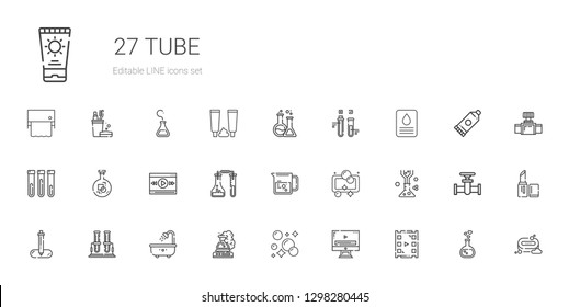 tube icons set. Collection of tube with video player, soap, flask, bathtub, test tube, pipette, beaker, love potion, lipstick, pipe, valve, glue. Editable and scalable icons.