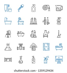 tube icons set. Collection of tube with video player, soap, love potion, pipe, bathtub, flask, plunger, shampoo, test tube, beaker, hose, eyedropper. Editable and scalable icons.