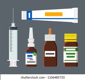 Tube with labels and syringe having sharp needle, drops in glass container, medical production for patients, elements isolated on vector illustration