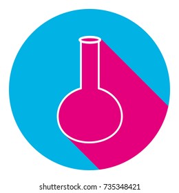 Tube. Laboratory glass sign. Vector. Flat white icon with mexican pink shadow inside sky blue(S and G) circle at white background. Isolated. Trend colors in 2017.