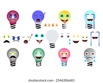 tube lamp emoticons icon set vector, collection, Cartoon emoji set. colorful Emotions face surprised, angry, loud laughter, nervous, calm, sad, sleepy, crying and others. for chat social media