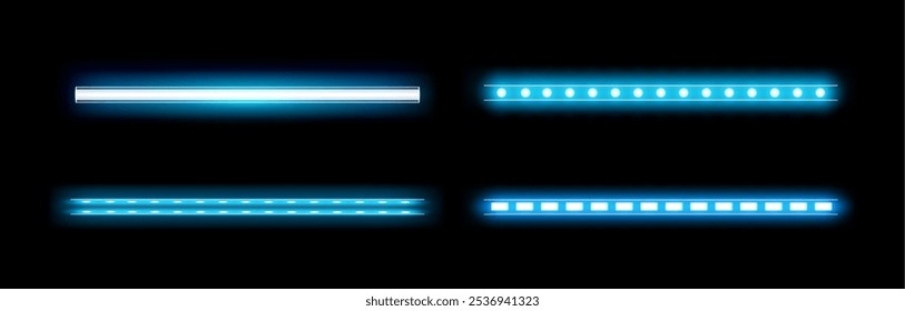 Tube lamp illuminating cold light. Vector isolated set of LED realistic bright bars for interior of home, bar or casino. Tapes with bulbs and fluorescent or halogen ribbon for furniture