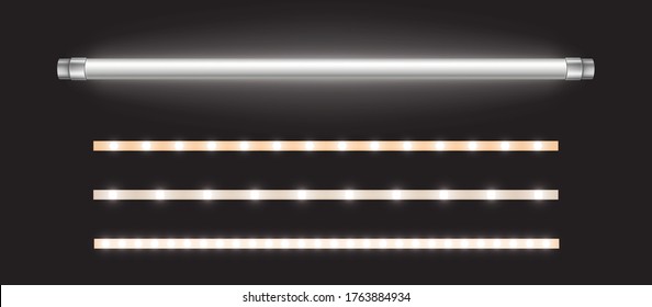 Tube lamp and led strips, long luminescence fluorescent energy saving bulb of daytime scattered light, artificial lighting for office. Halogen elements glowing lines, Realistic 3d vector illustration - Shutterstock ID 1763884934