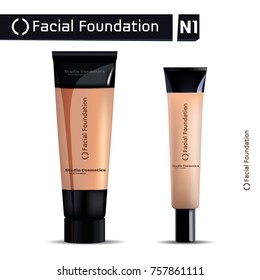 Tube of Liquid makeup foundation  and face powder. Photo realistic Vector illustration.