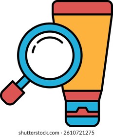 A tube of lotion is shown with a magnifying glass on top of it. The tube is orange and blue, and the magnifying glass is blue and red. Concept of examining the contents of the lotion tube