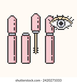  Tube of mascara icon pixel art.Closed, open with a brush, with an eye mascara tube. Simple instructions for using set.Vector illustration EPS 10 