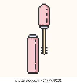 Tube of mascara icon pixel art.Open mascara with a brush.Mascara brush icon pixel art.Pixeleted sign for mobile concept and web design. Vector illustration EPS 10