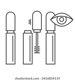 Tube of mascara icon.Closed, open with a brush, with an eye mascara tube. Simple instructions for using set.Editable Stroke. Vector illustration EPS 10