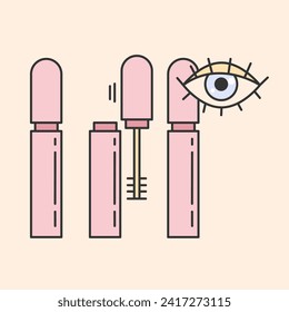 Tube of mascara icon.Closed, open with a brush, with an eye mascara tube. Simple instructions for using set.Editable Stroke. Vector illustration EPS 10